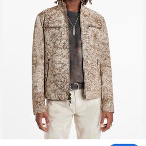 Armani Exchange Cracked Leather Moto Jacket Milk Yellow Brown Gold Medium